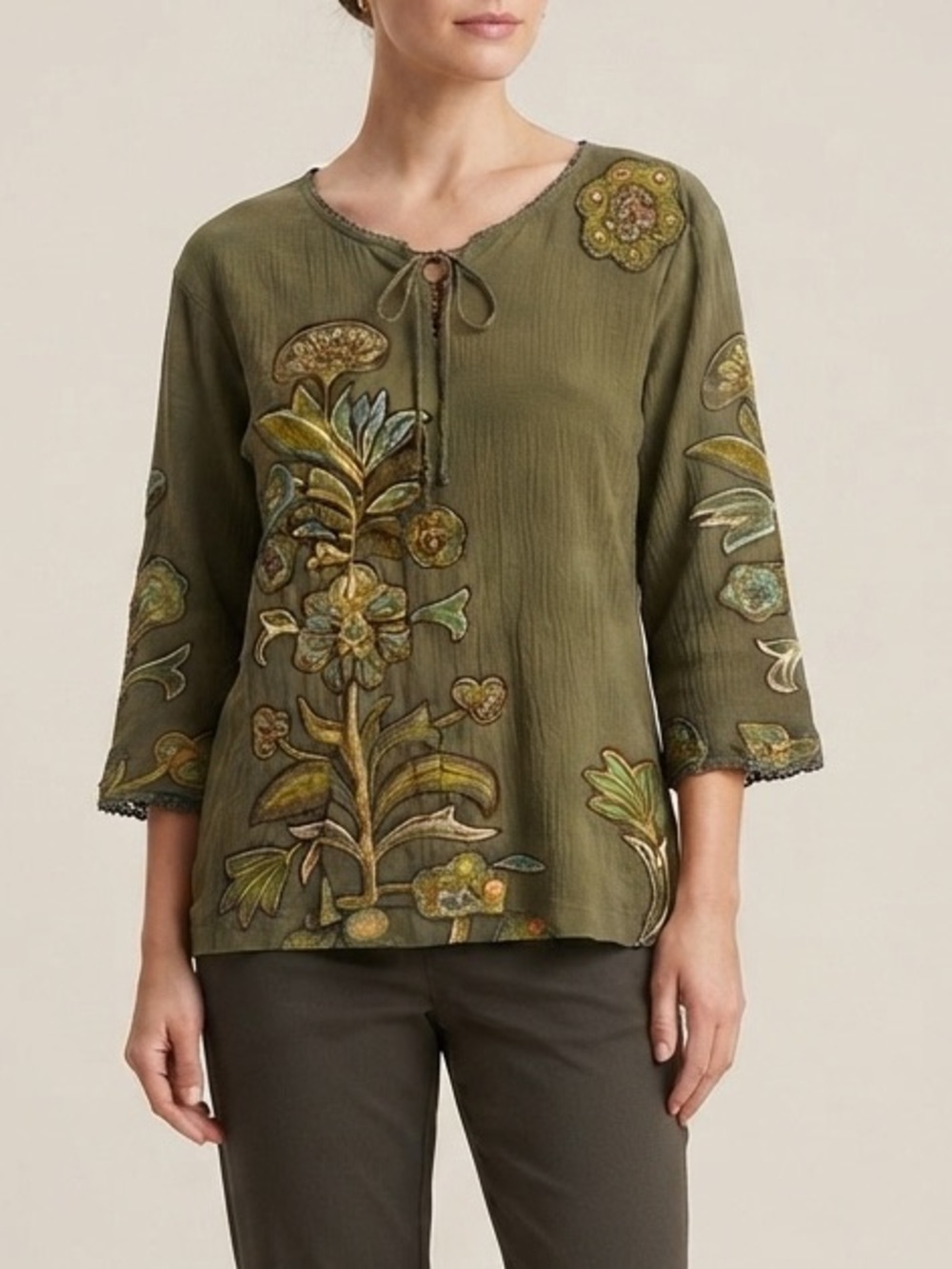Olive Green Embroidered Cotton Beaded 3/4 Sleeve Shirt Peasant Top Size Medium